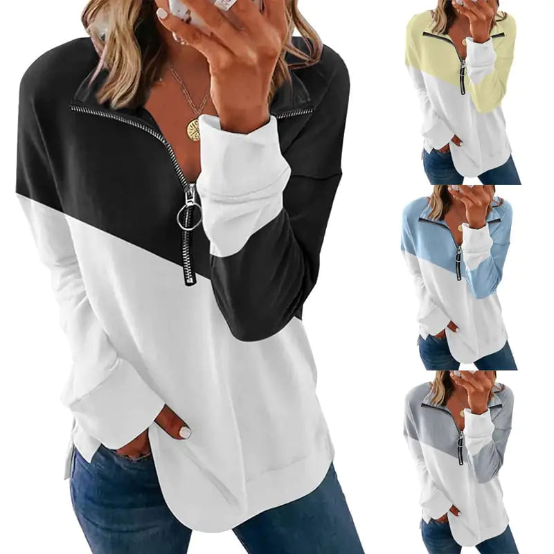 Contrast Color Loose Zip Pullover Sweatshirt Top