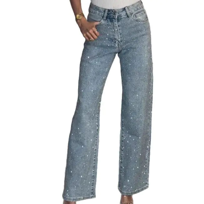 Women's High-Waist Rhinestone Straight Jeans
