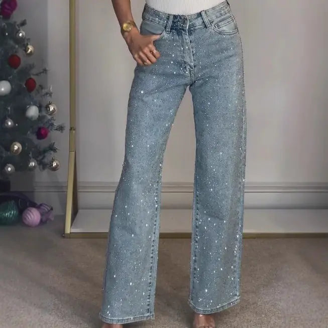 Women's High-Waist Rhinestone Straight Jeans