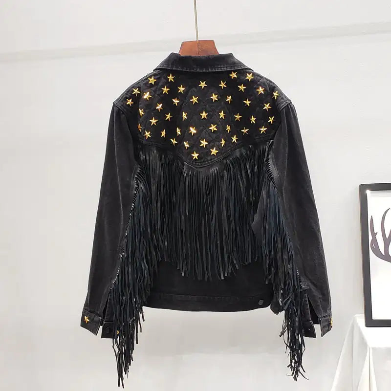 New European Star Rivet Tassel Coat for Women