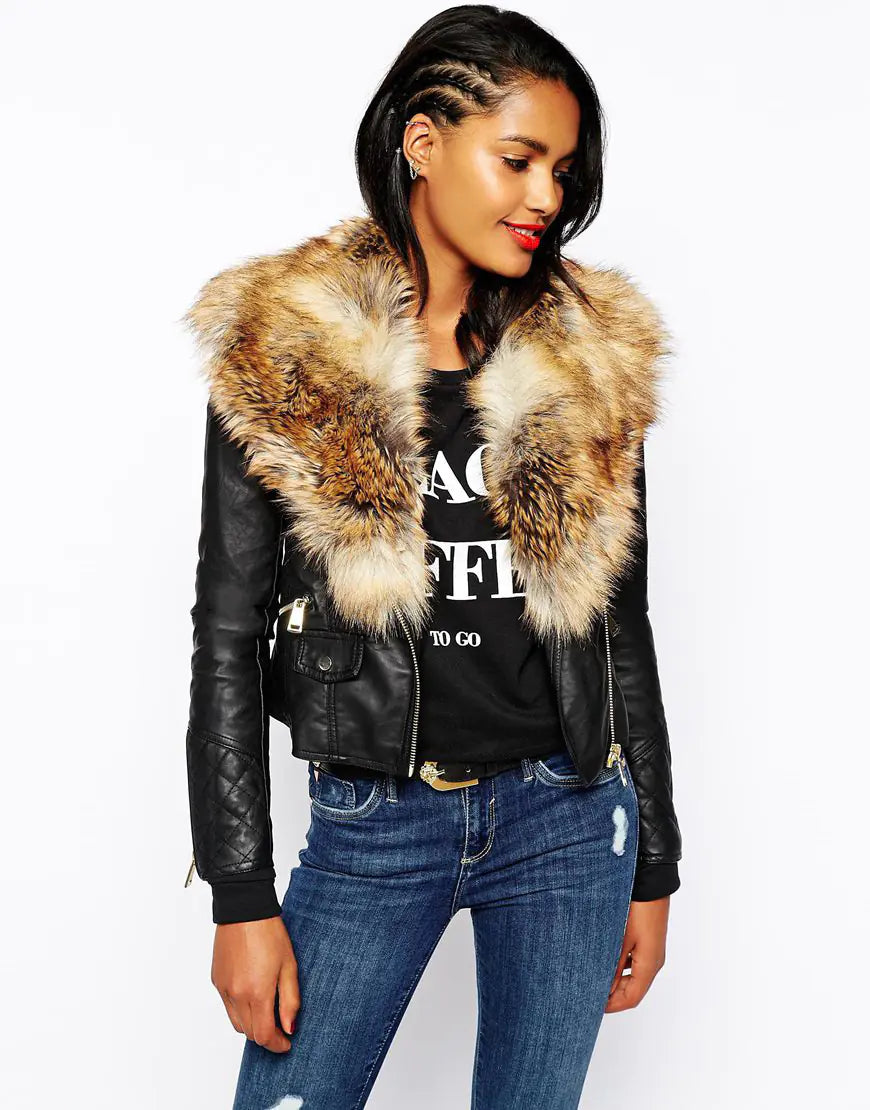 Faux Fur Jacket, Leather Biker Coat for Women