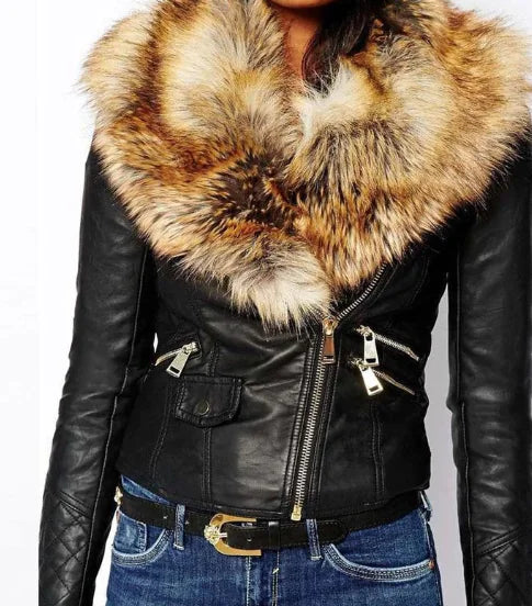 Faux Fur Jacket, Leather Biker Coat for Women