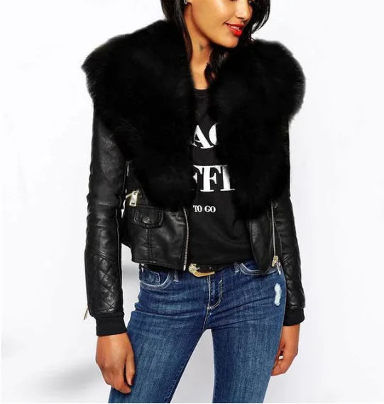 Faux Fur Jacket, Leather Biker Coat for Women