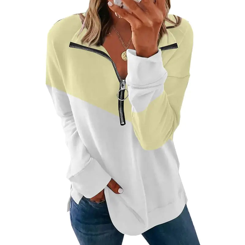 Contrast Color Loose Zip Pullover Sweatshirt Top