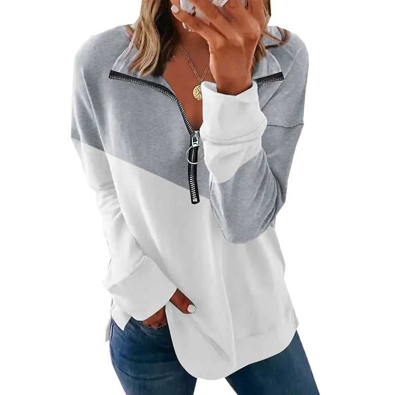 Contrast Color Loose Zip Pullover Sweatshirt Top