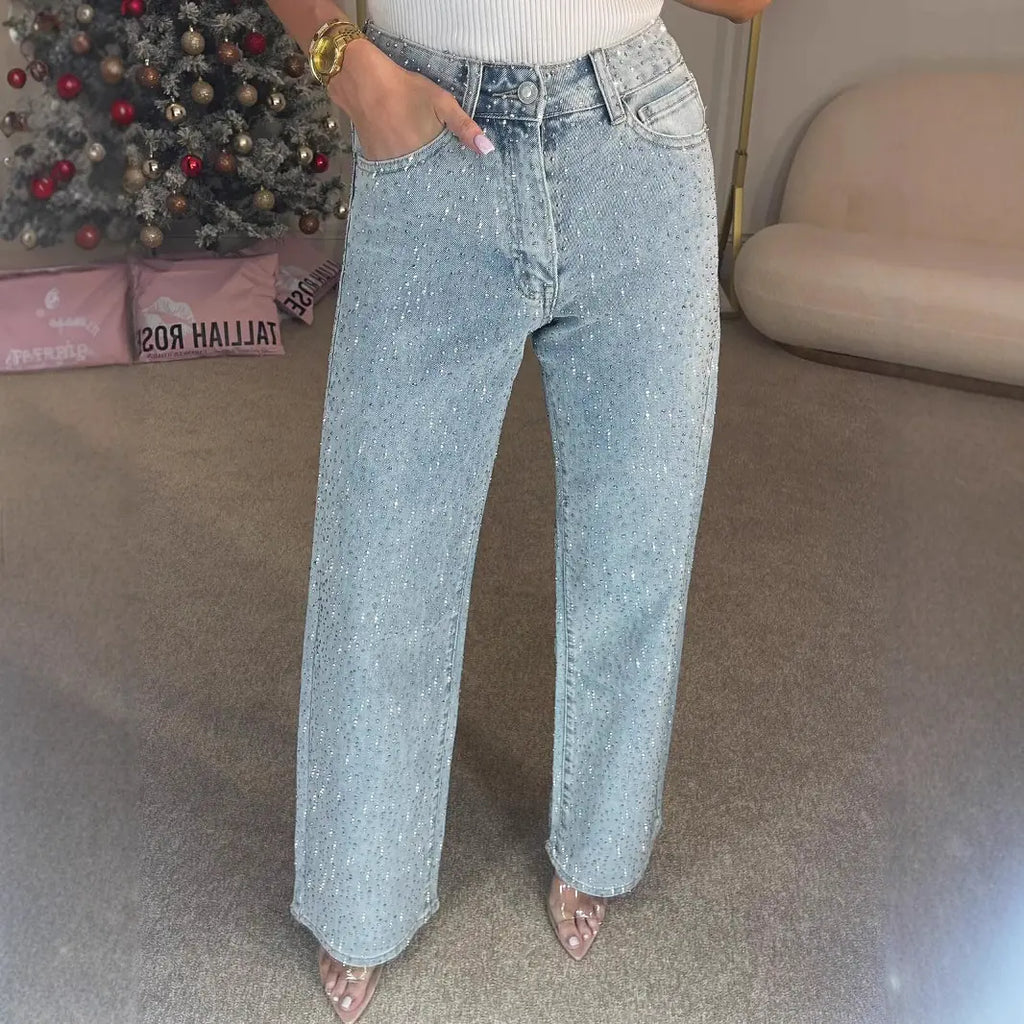 Women's High-Waist Rhinestone Straight Jeans