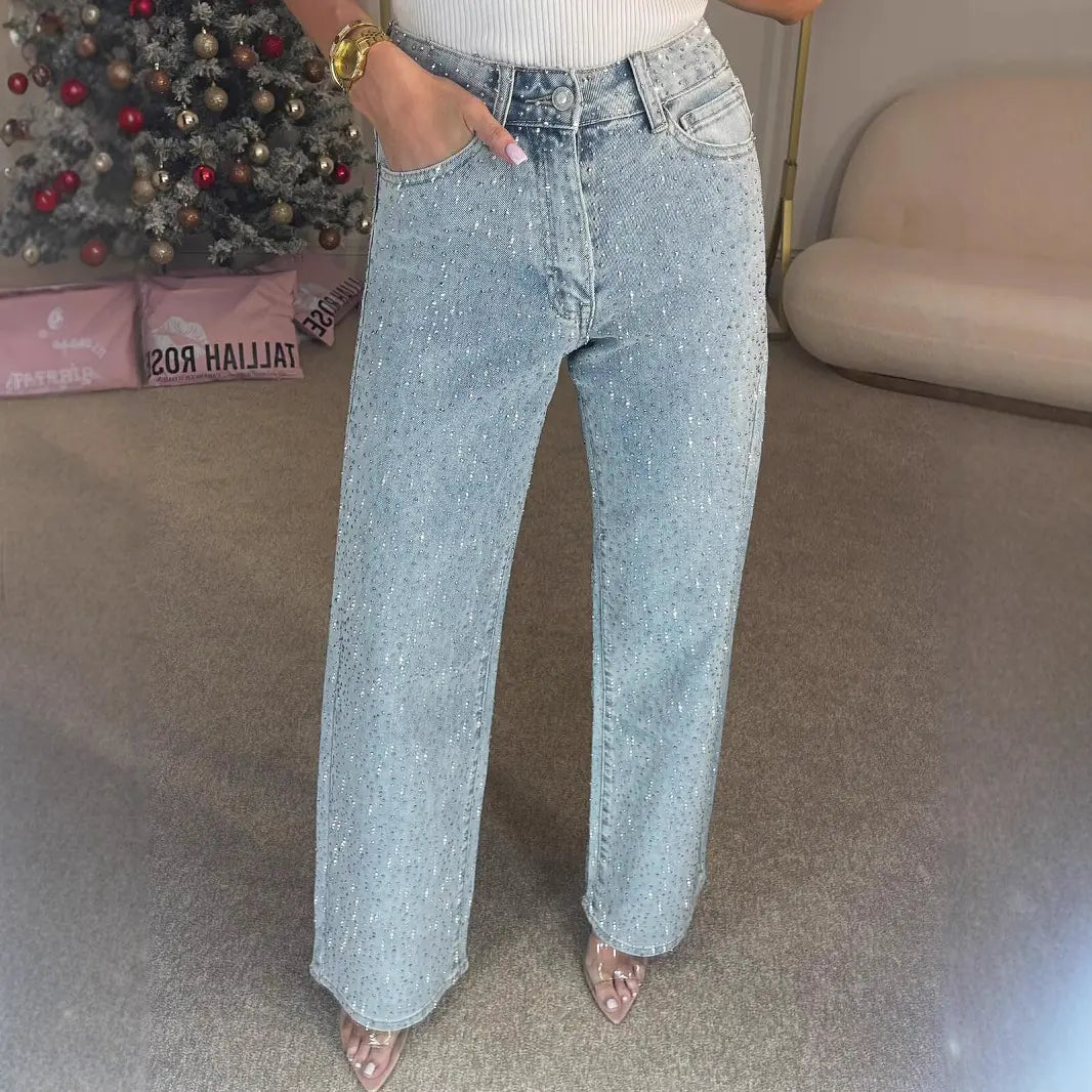 Women's High-Waist Rhinestone Straight Jeans