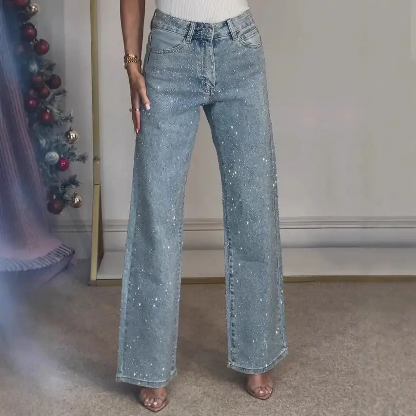 Women's High-Waist Rhinestone Straight Jeans