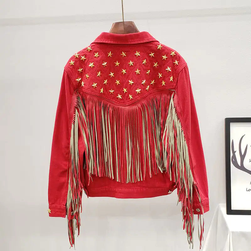 New European Star Rivet Tassel Coat for Women