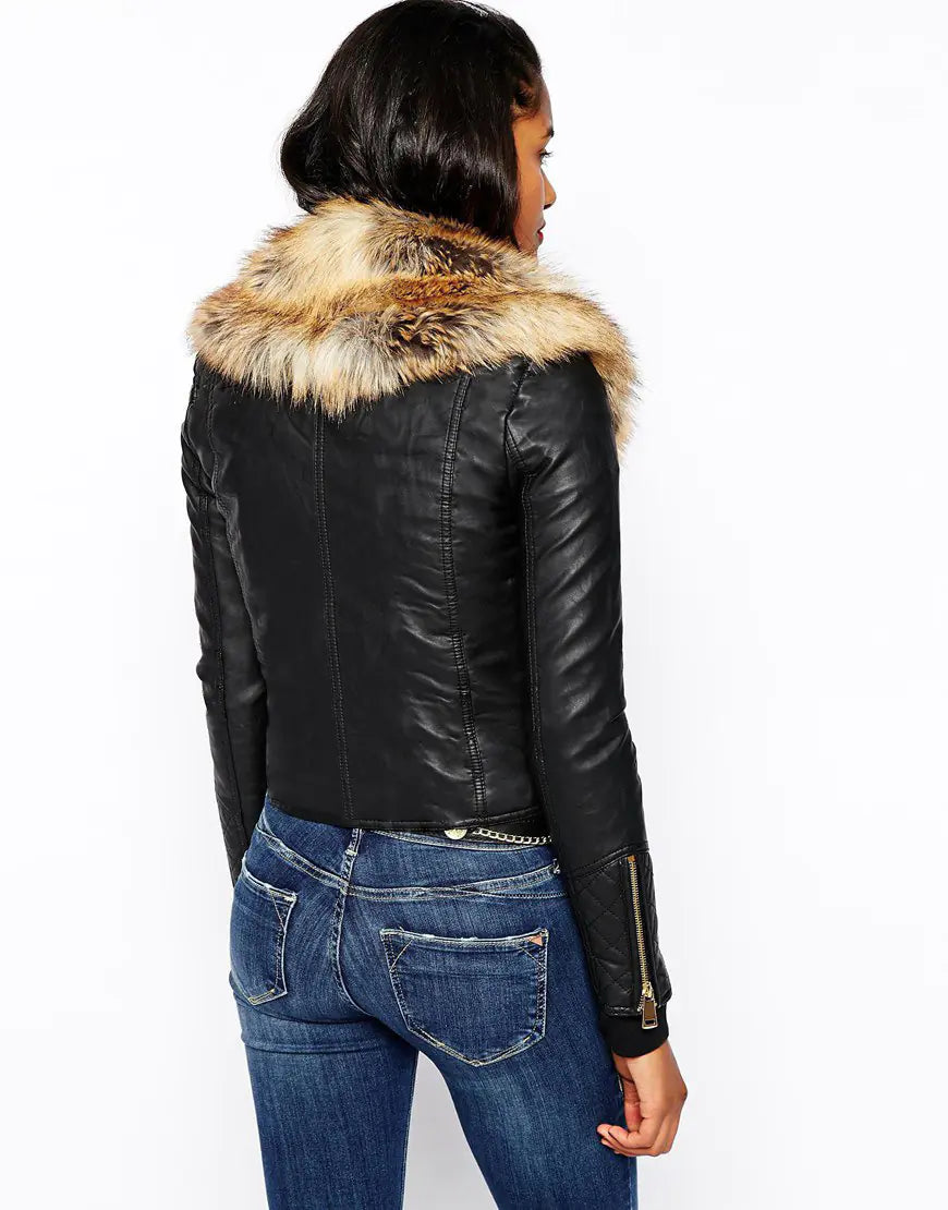 Faux Fur Jacket, Leather Biker Coat for Women
