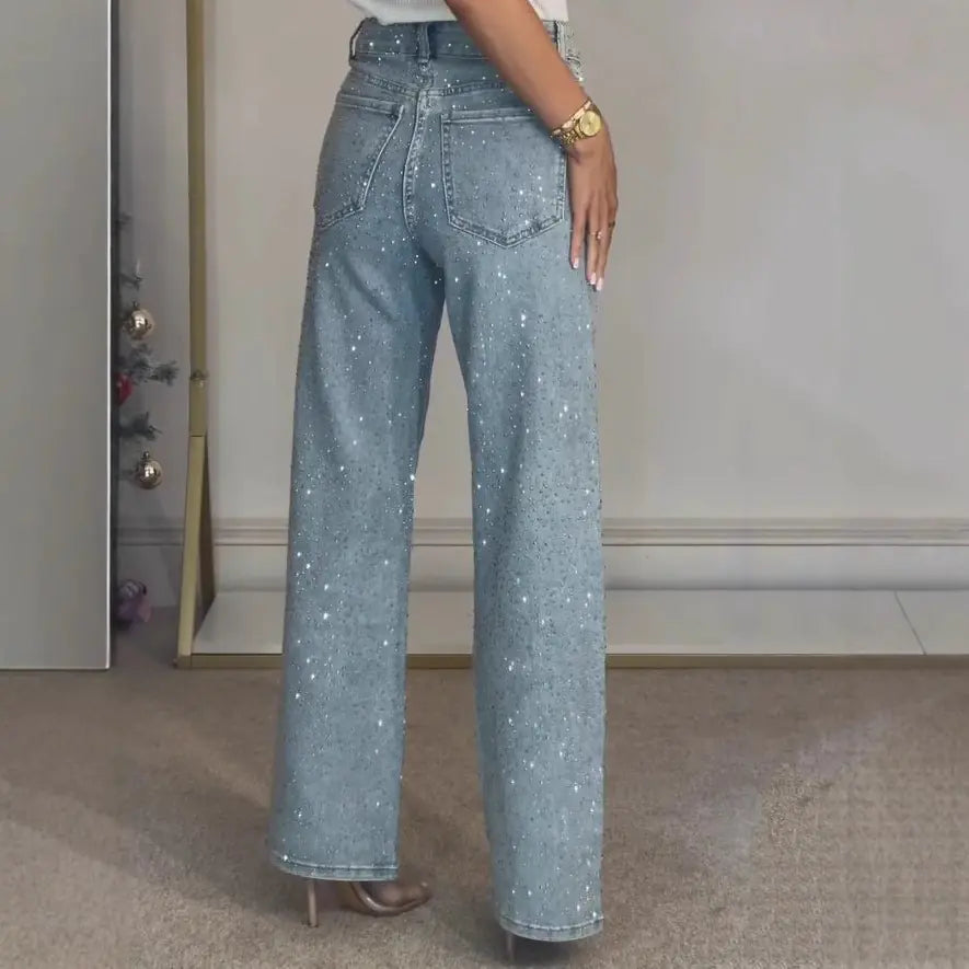 Women's High-Waist Rhinestone Straight Jeans